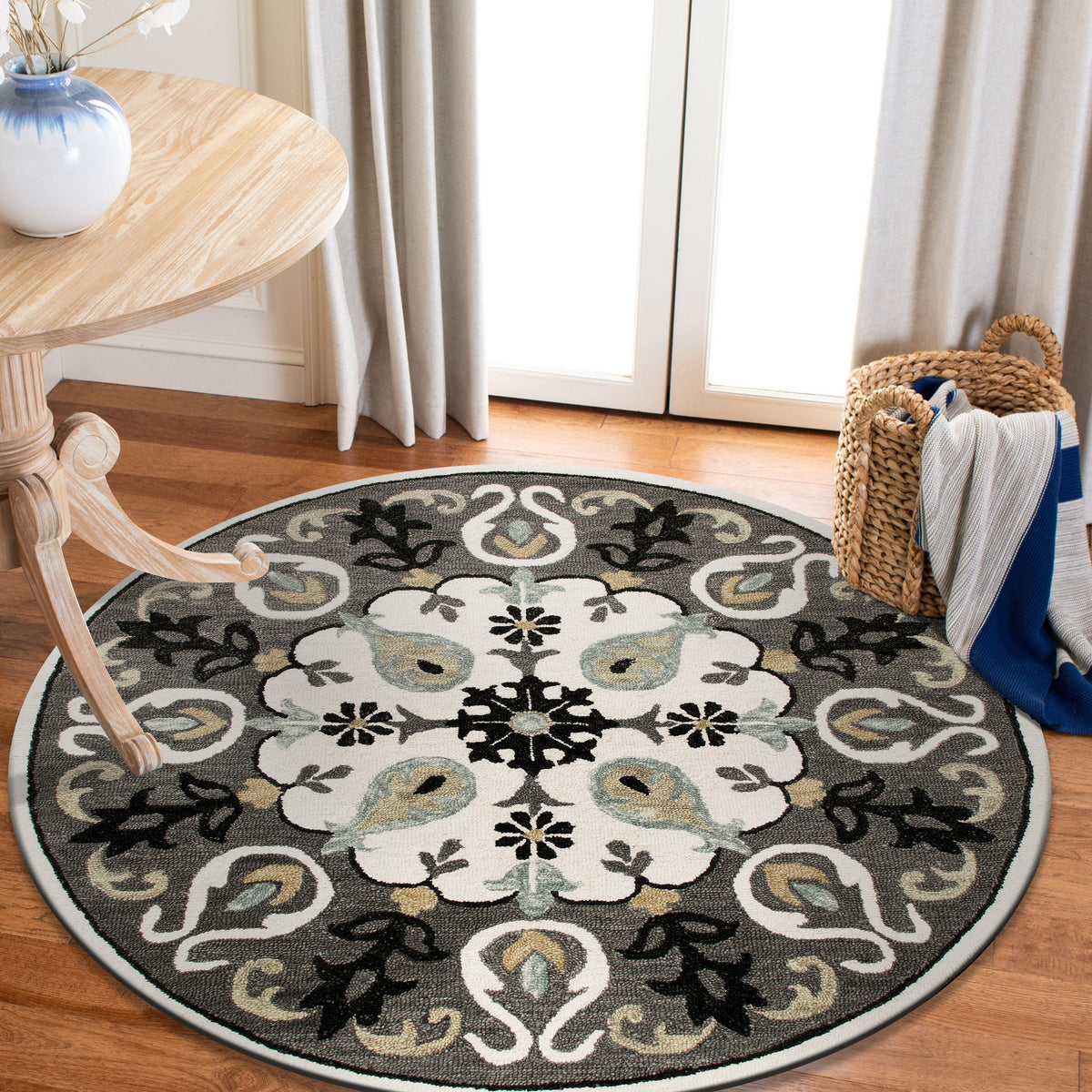 Ornate Gray and White Medallion Round Rug - lifestyle view