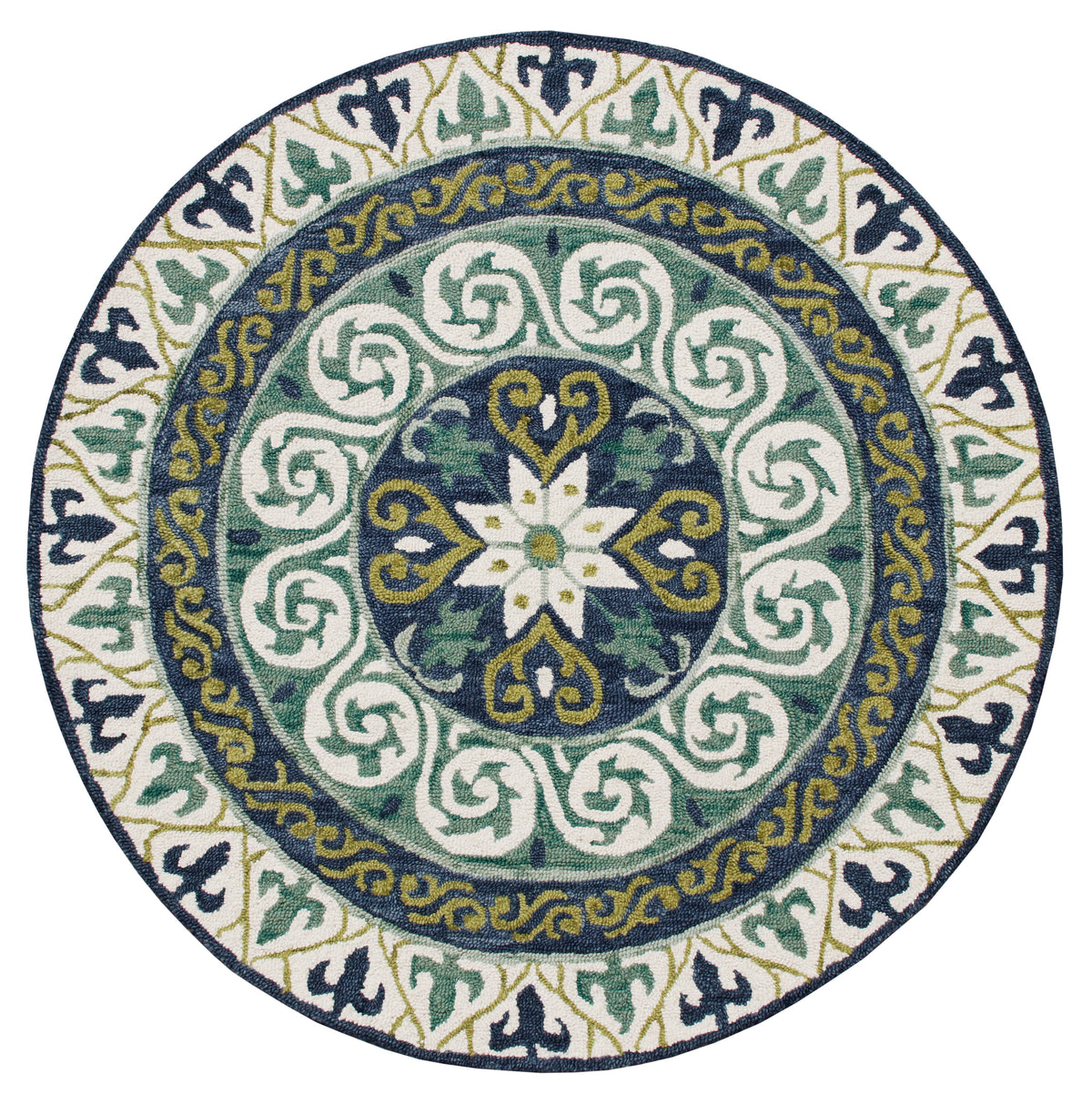 Blue and Green Geometric Medallion Round Rug - Silo view