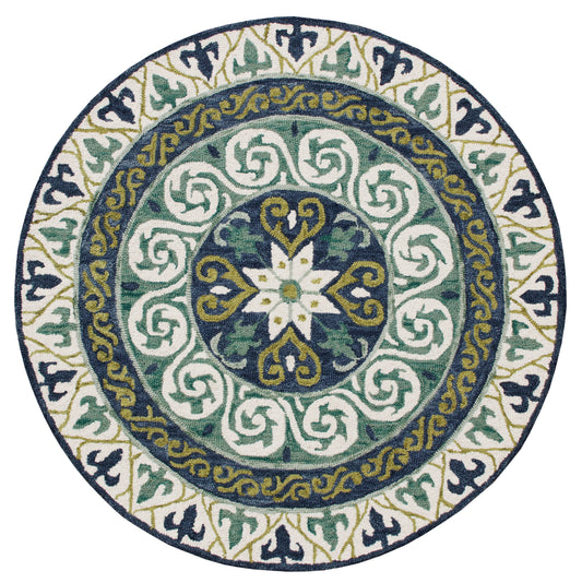 Blue and Green Geometric Medallion Round Rug - Silo view
