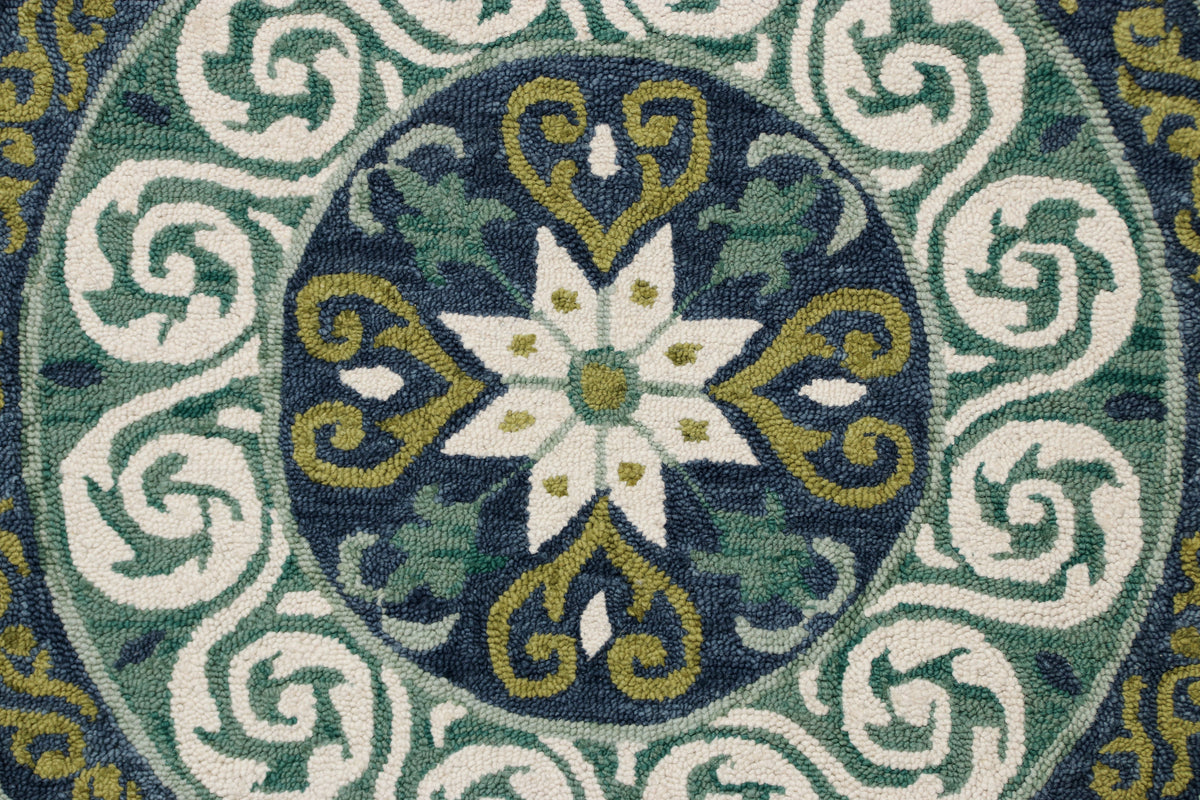 Blue and Green Geometric Medallion Round Rug - color swatch