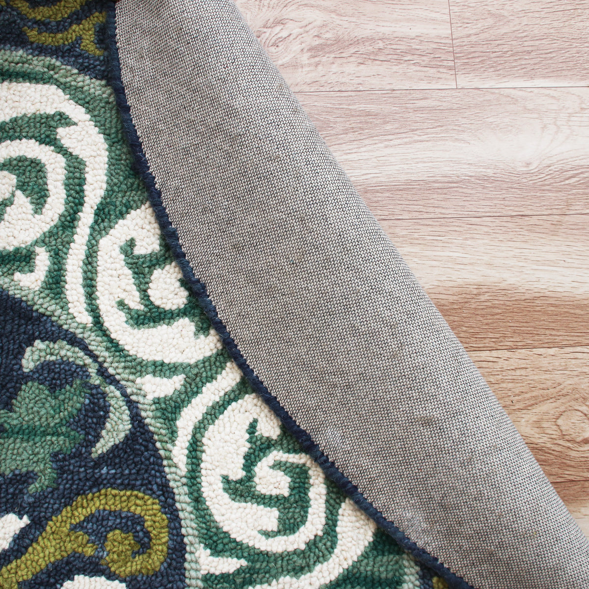 Blue and Green Geometric Medallion Round Rug - back view
