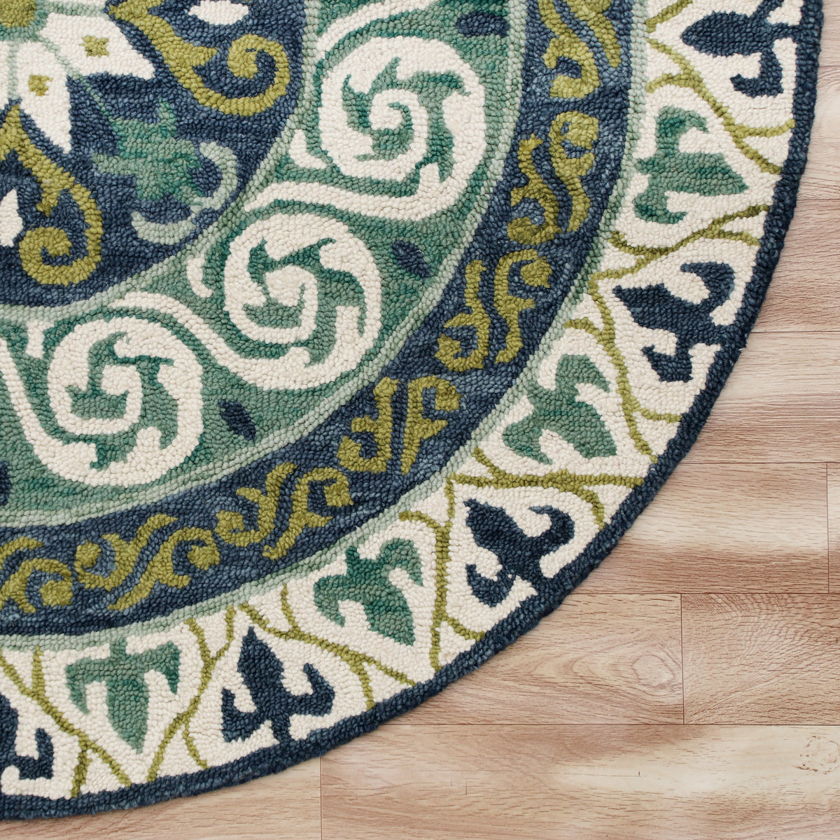 Blue and Green Geometric Medallion Round Rug - corner view