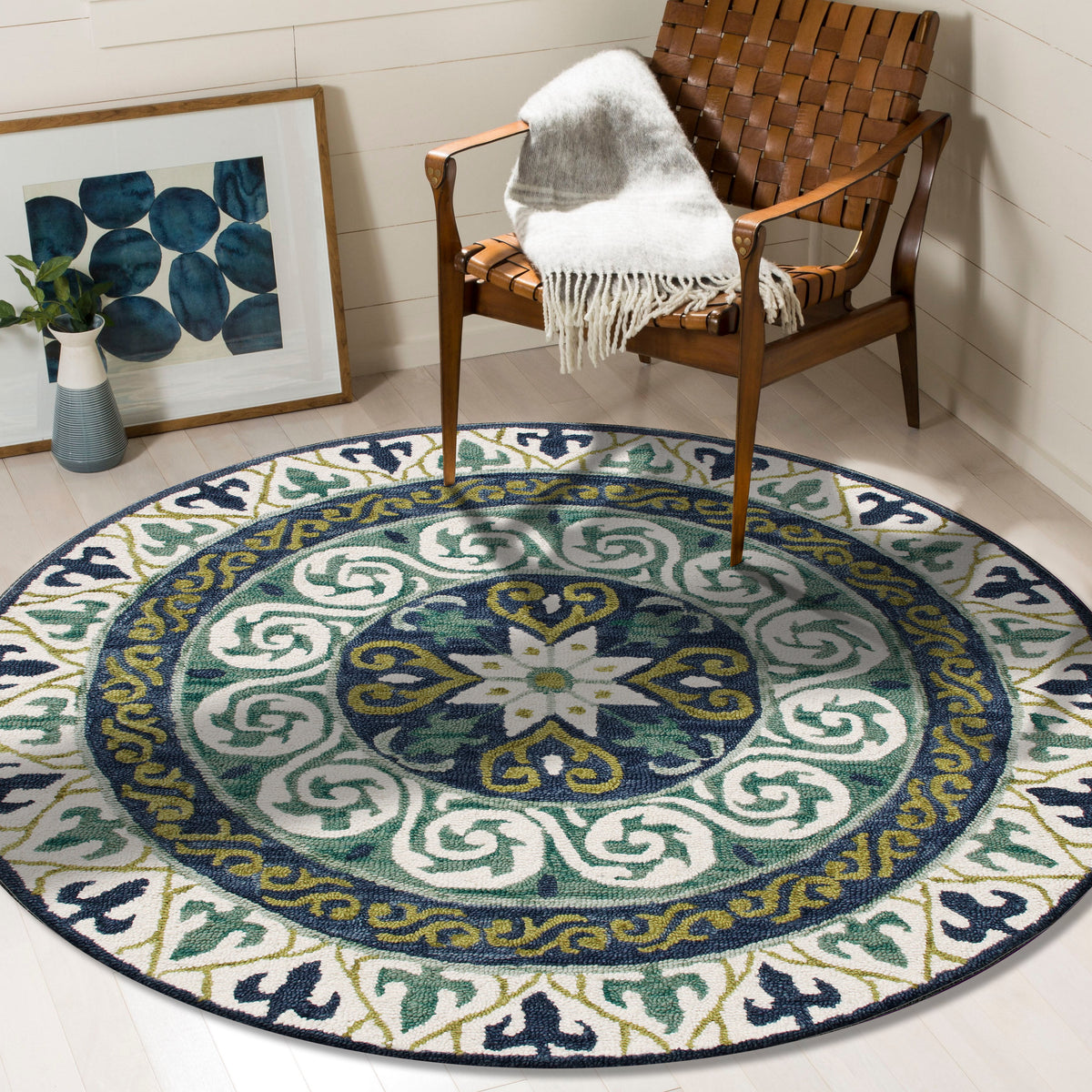 Blue and Green Geometric Medallion Round Rug - lifestyle view