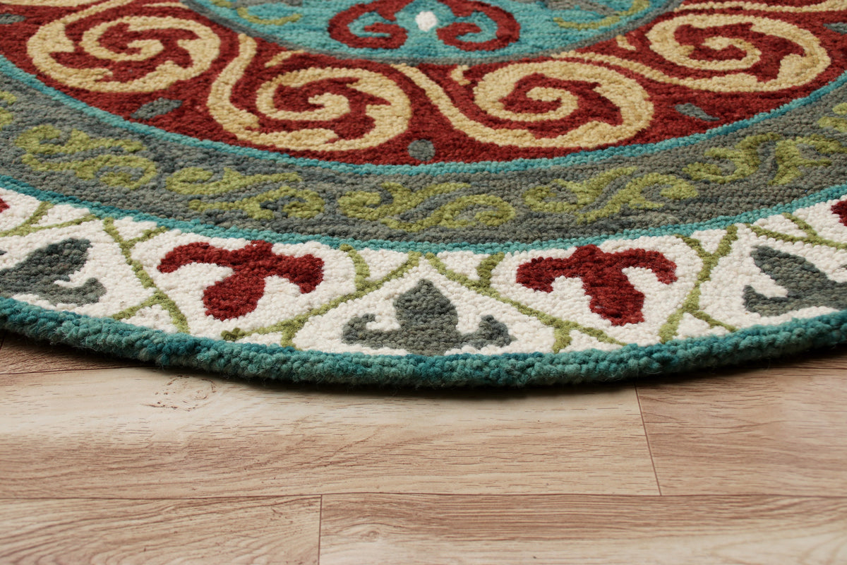 Southwestern Stunner Ivory and Red Round Rug - side angle view