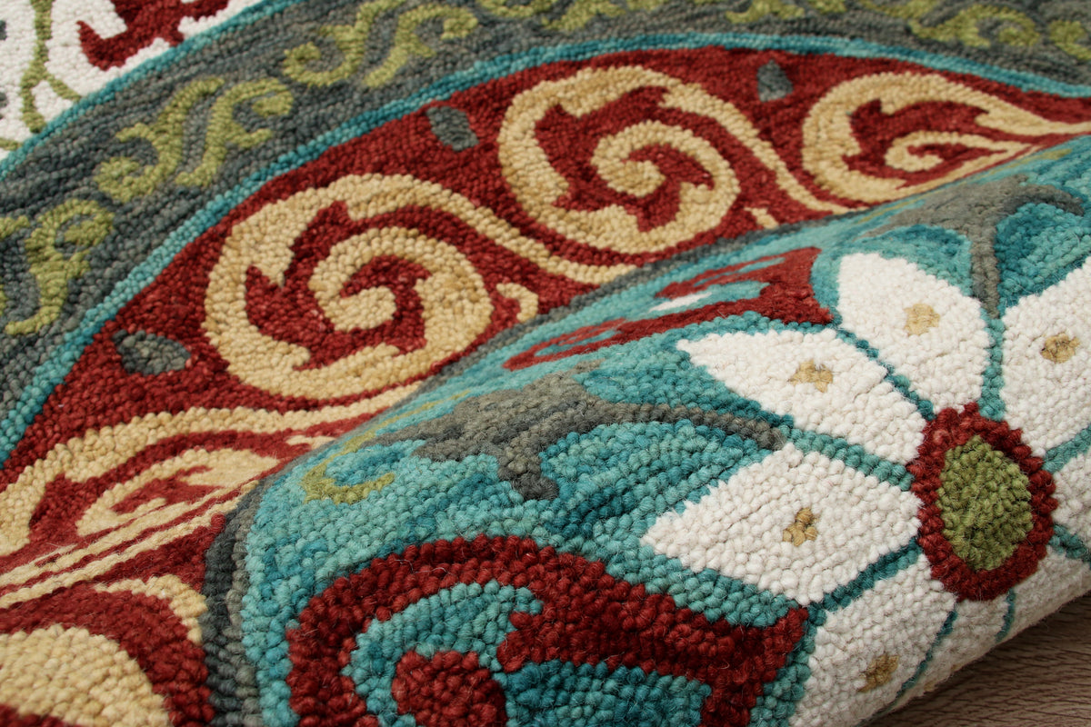 Southwestern Stunner Ivory and Red Round Rug - close-up detail
