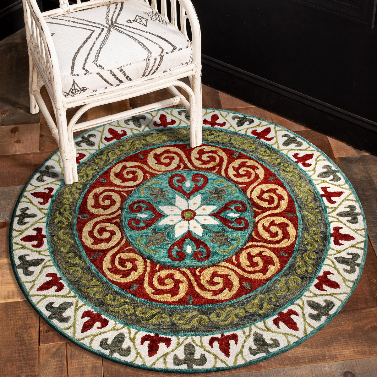 Southwestern Stunner Ivory and Red Round Rug - lifestyle view