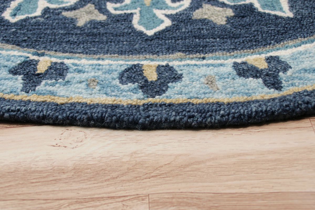 Blue Floral Gardens Medallion Round Rug - side angle view