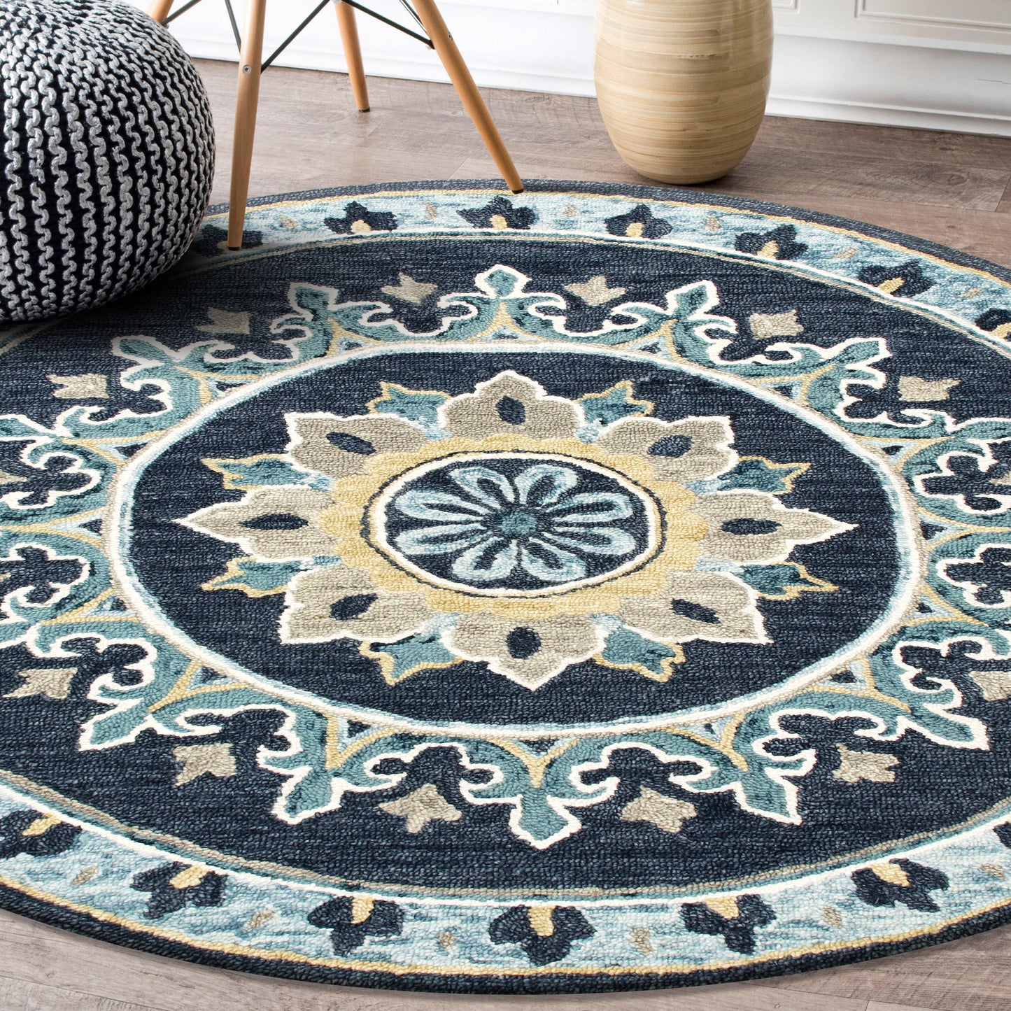 VIBRA-03569 Bohemian/Eclectic Hand-Tufted Navy/Light Blue/Yellow  Wool Indoor Area Rugs - LR Home