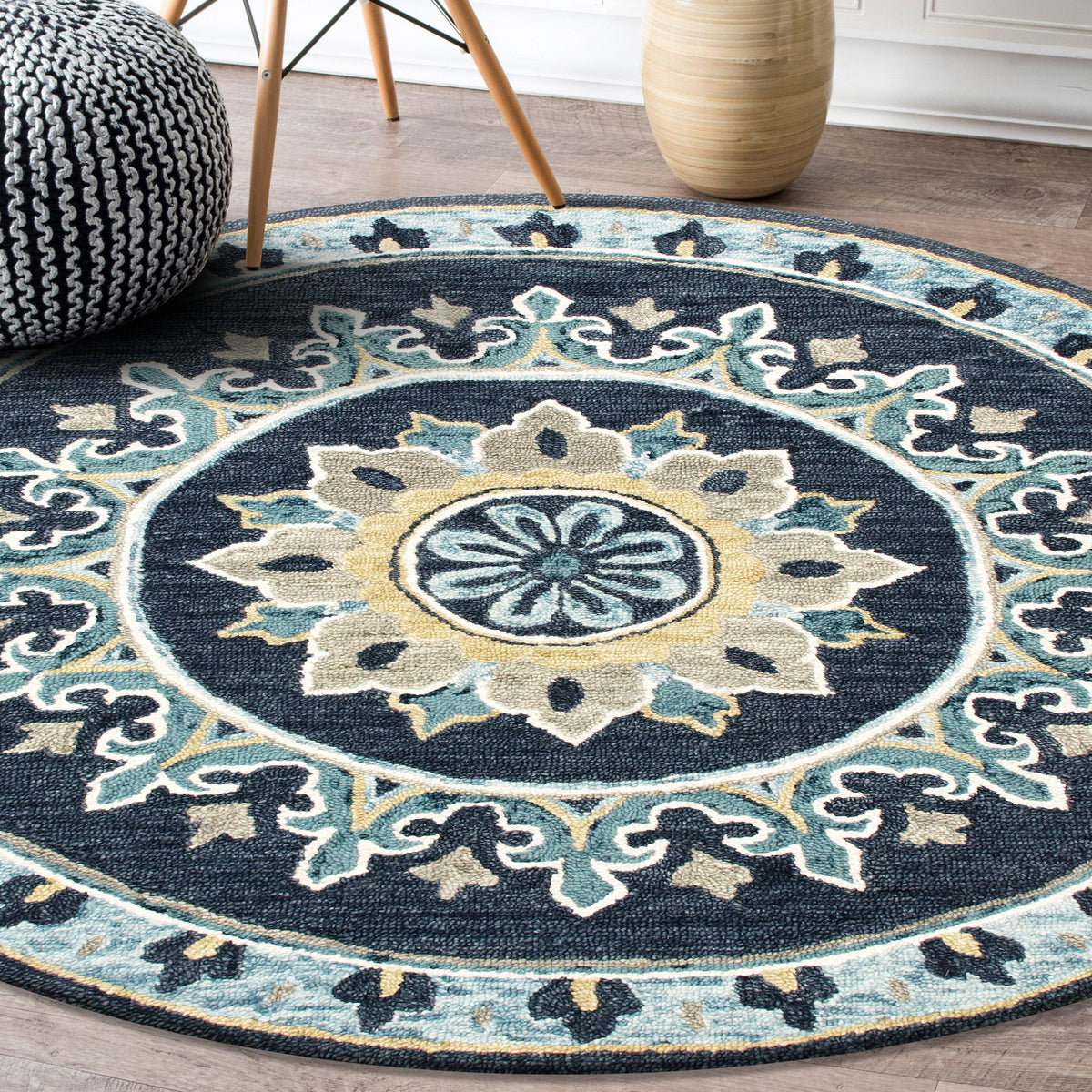 Blue Floral Gardens Medallion Round Rug - lifestyle view