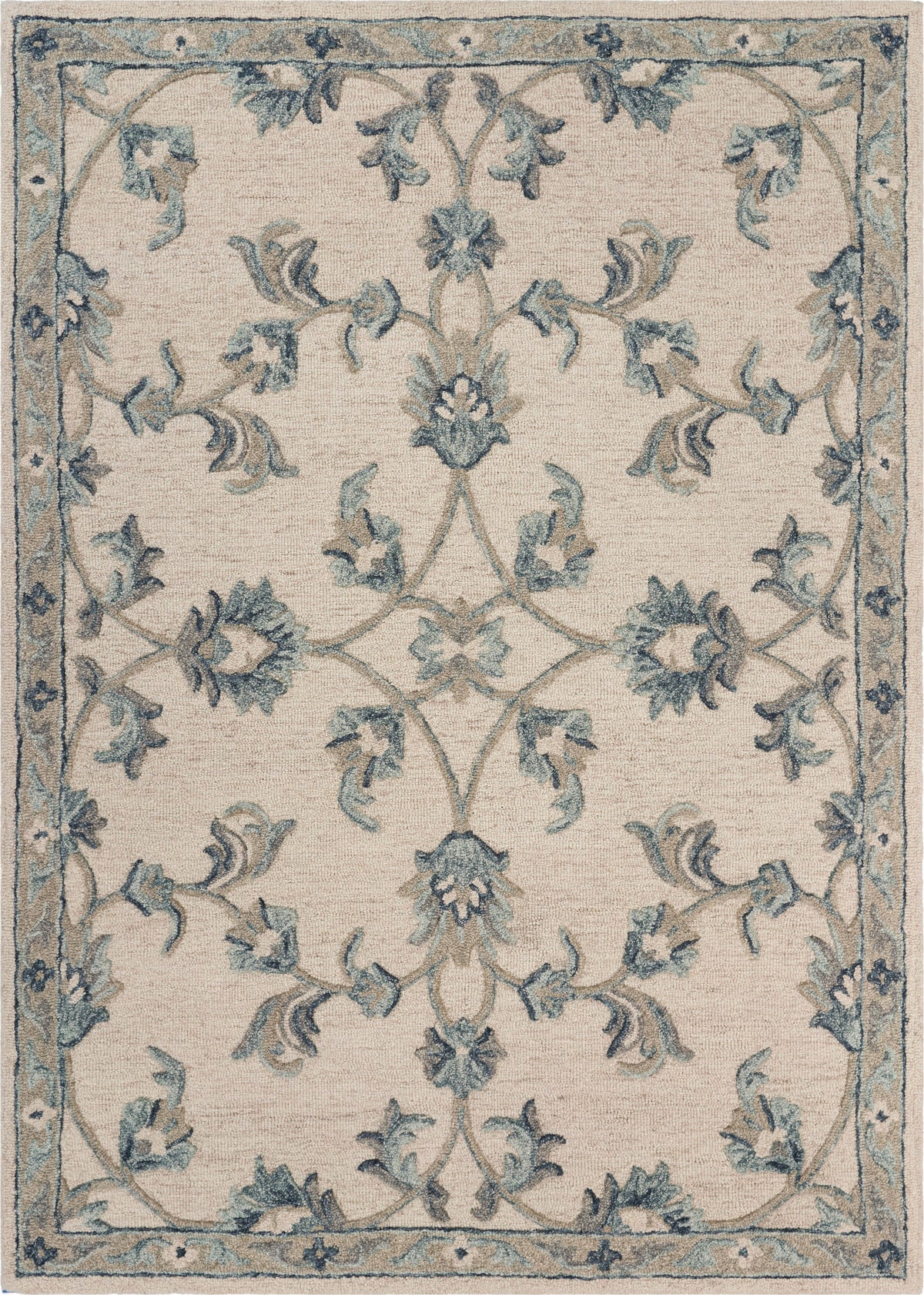 Mirroring Ivory and Blue Floral Bloom Area Rug - Silo view