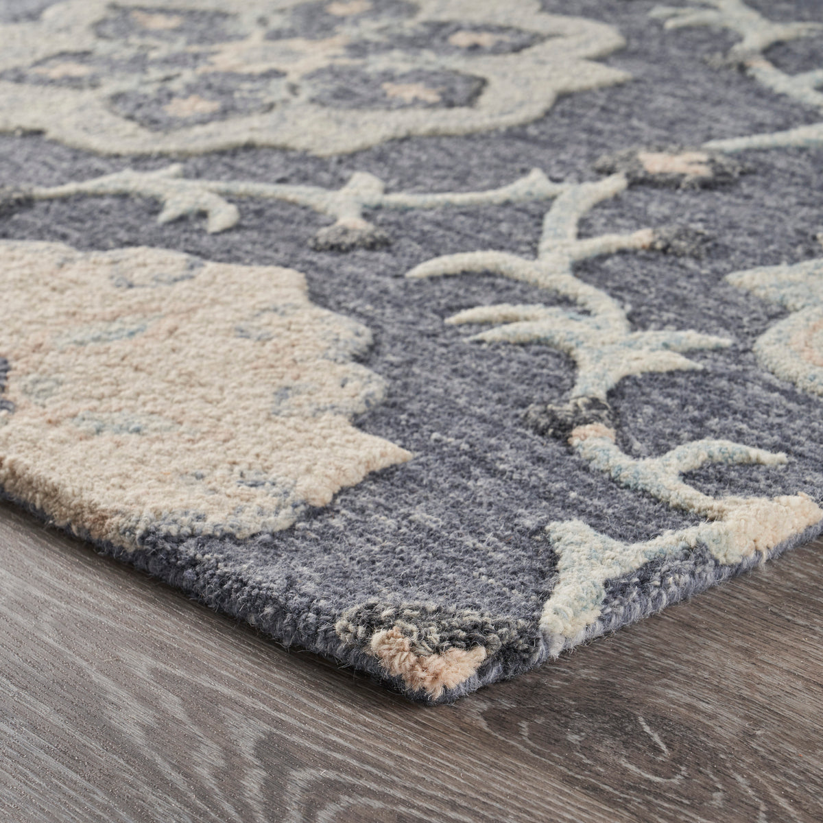 Deep Gray Floral Garden Area Rug - side angle view