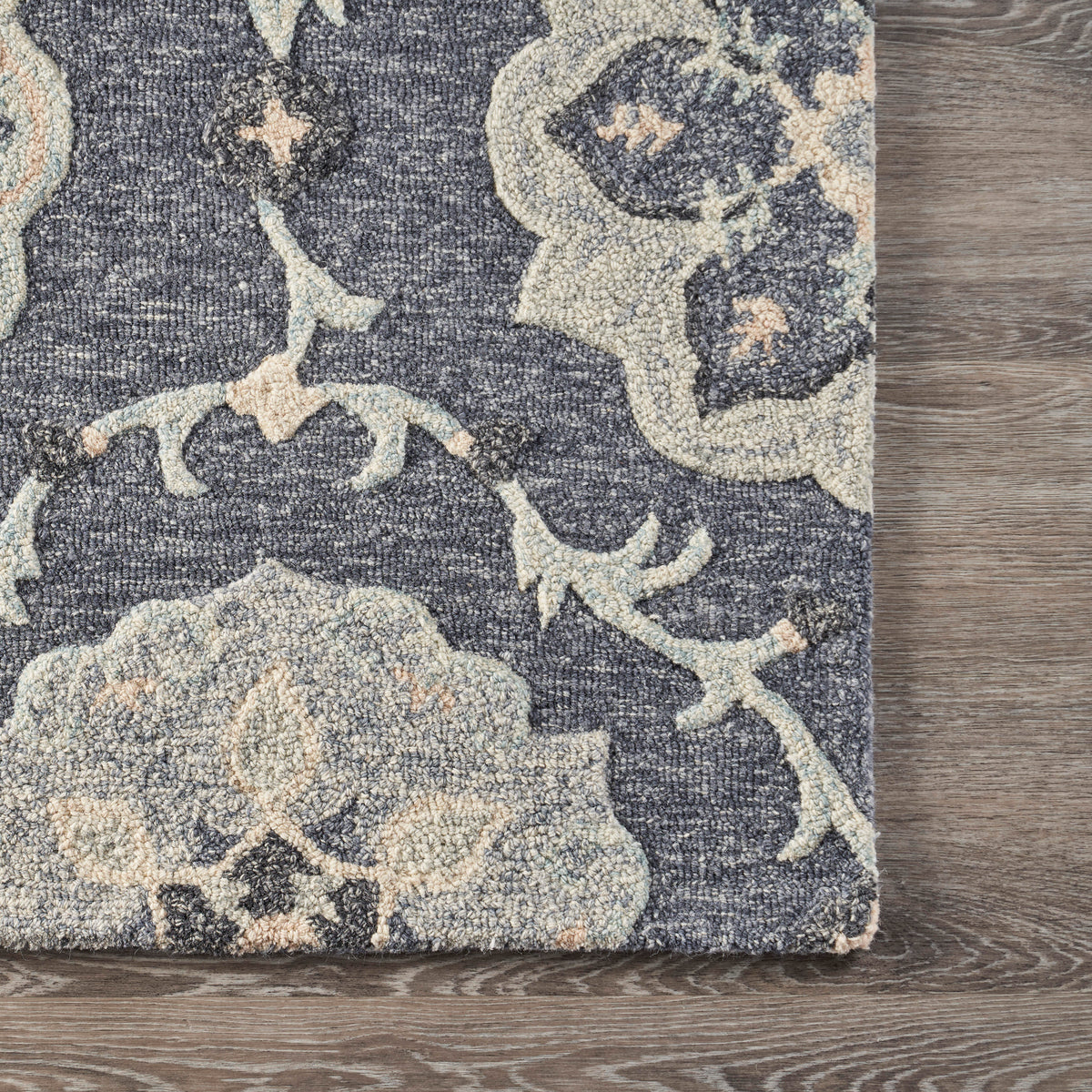 Deep Gray Floral Garden Area Rug - corner view