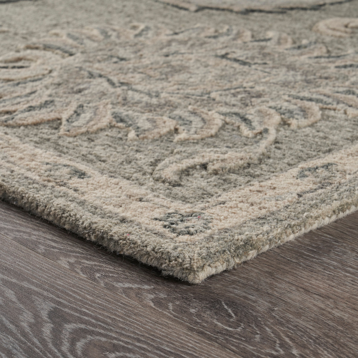 Light Gray Traditional Botanical Area Rug - side angle view