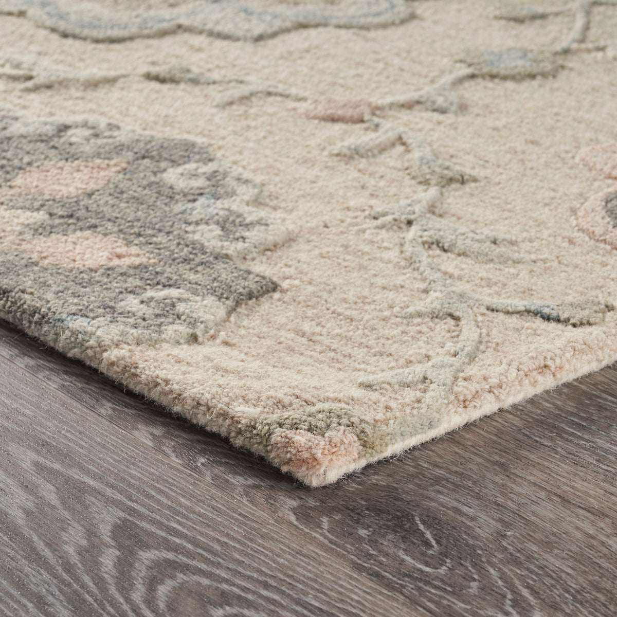 Delicate Ivory and Light Blue Traditional Floral Area Rug - side angle view