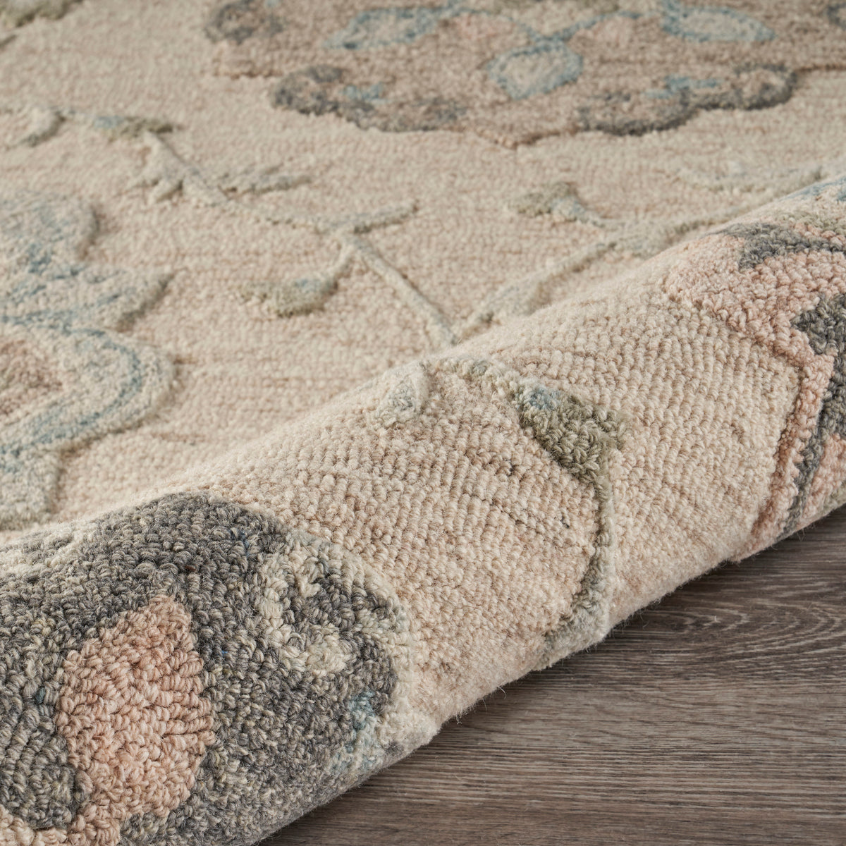 Delicate Ivory and Light Blue Traditional Floral Area Rug - close-up detail