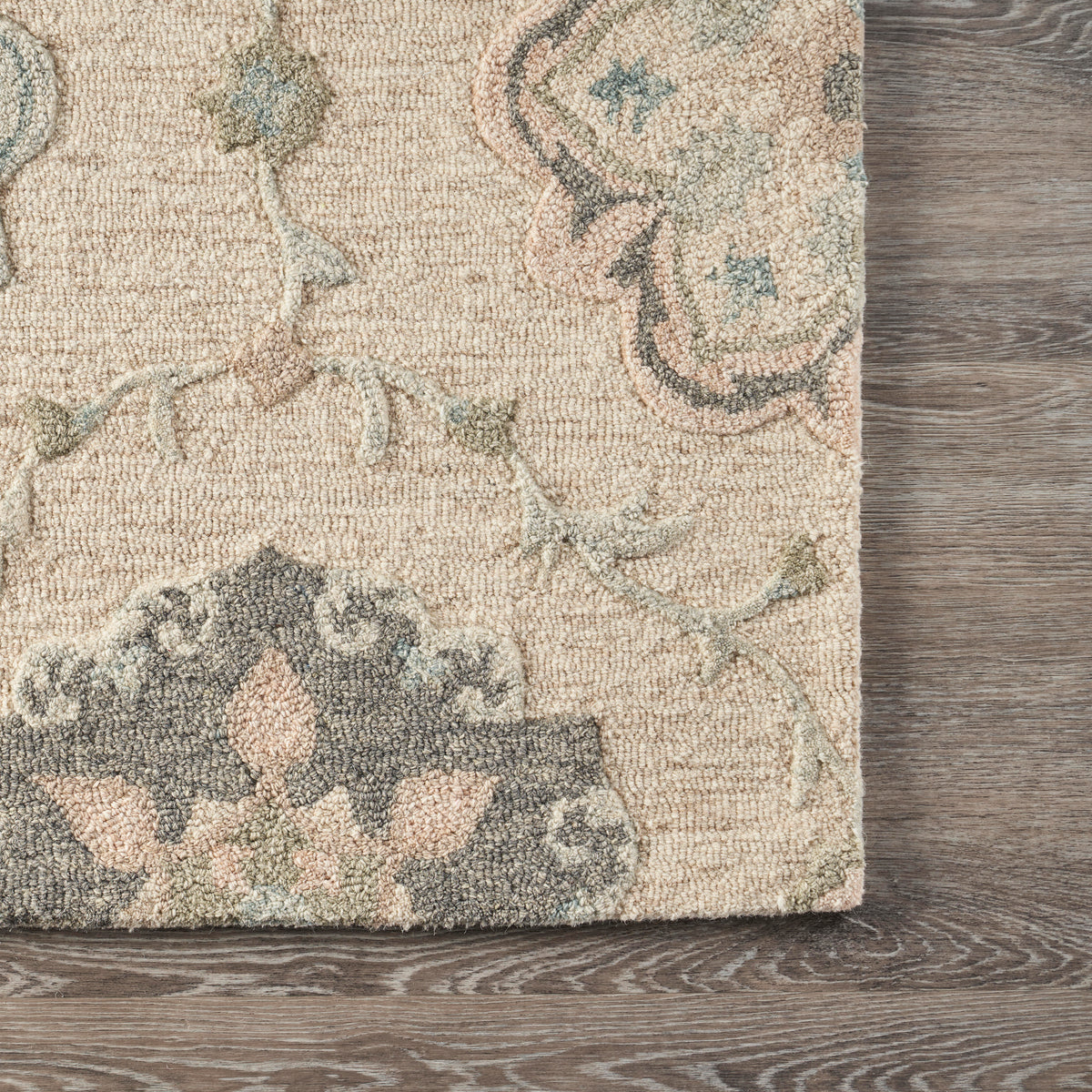 Delicate Ivory and Light Blue Traditional Floral Area Rug - corner view