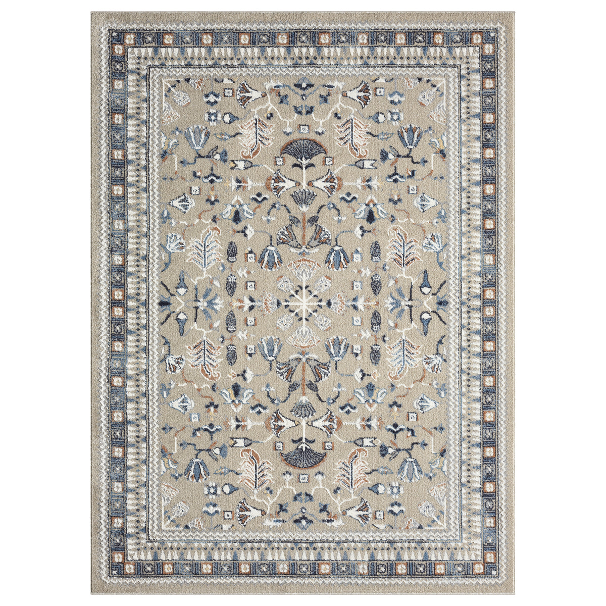 Blue/Beige Classic Floral Performance Washable Indoor Area Rug - Silo view
