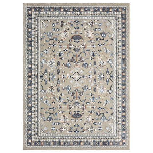 Blue/Beige Classic Floral Performance Washable Indoor Area Rug - Silo view