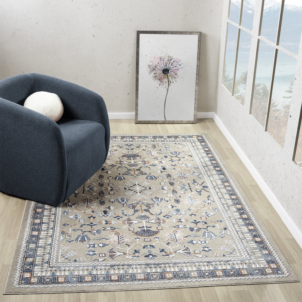 Blue/Beige Classic Floral Performance Washable Indoor Area Rug - lifestyle view