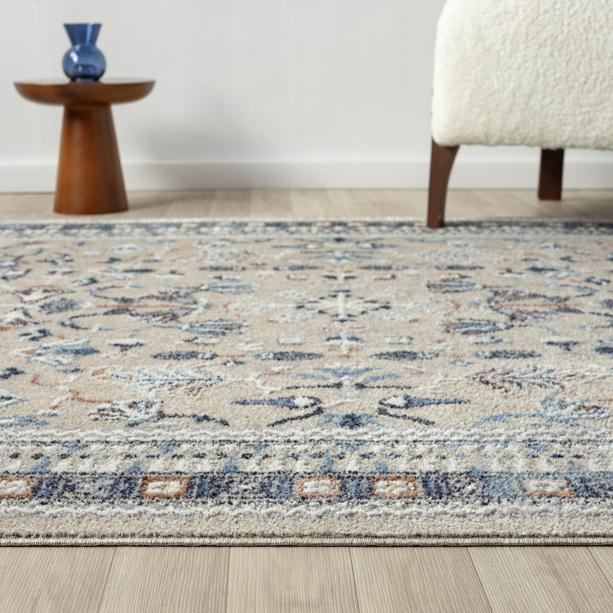 Blue/Beige Classic Floral Performance Washable Indoor Area Rug - side angle view