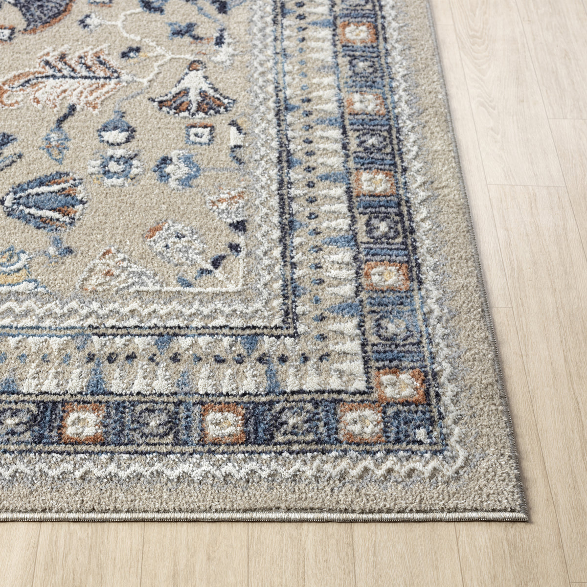 Blue/Beige Classic Floral Performance Washable Indoor Area Rug - corner view