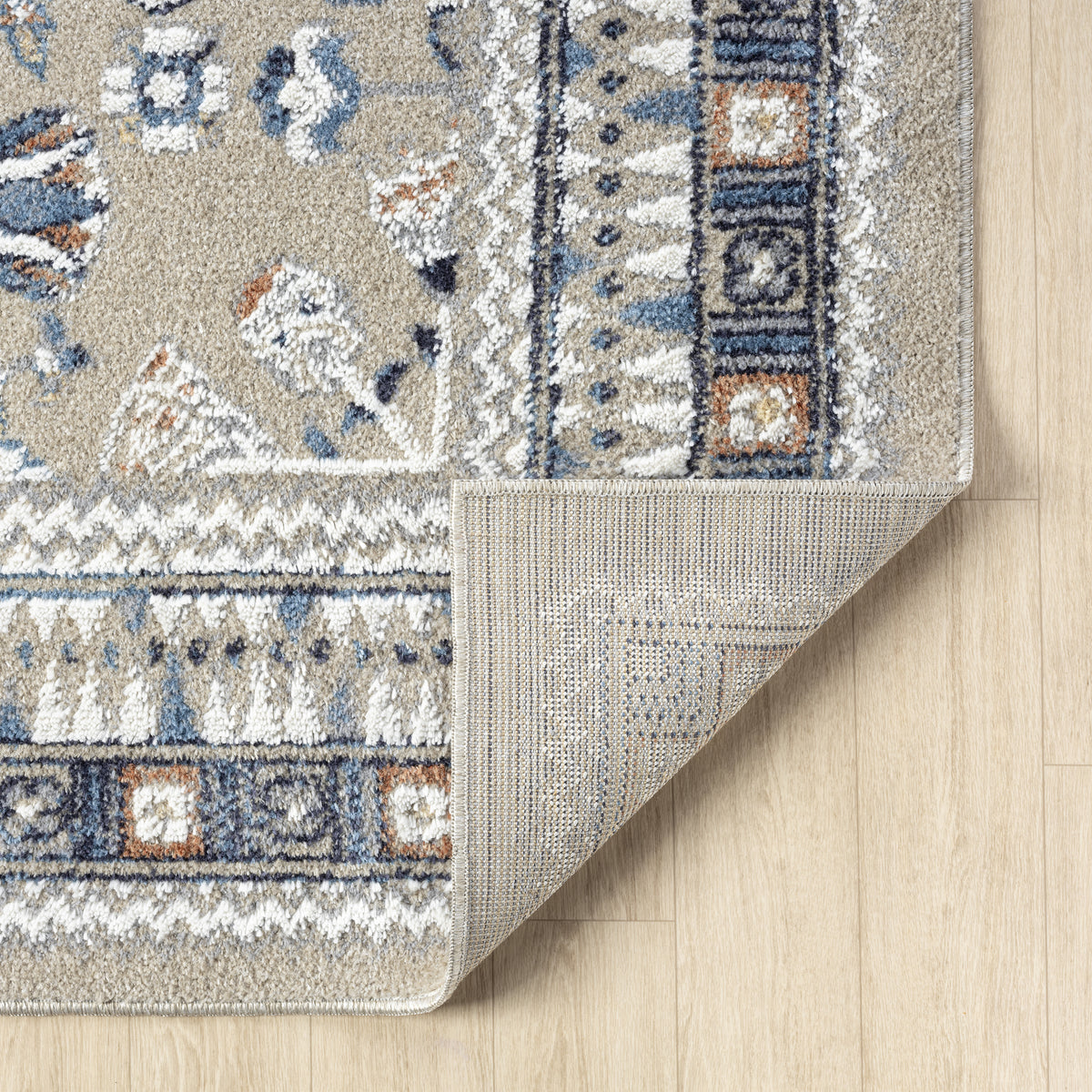 Blue/Beige Classic Floral Performance Washable Indoor Area Rug - back view
