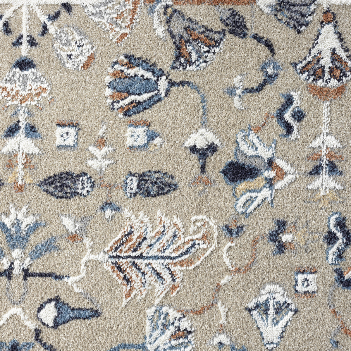 Blue/Beige Classic Floral Performance Washable Indoor Area Rug - color swatch