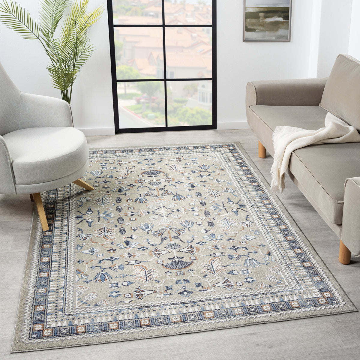 Blue/Beige Classic Floral Performance Washable Indoor Area Rug - lifestyle view 2