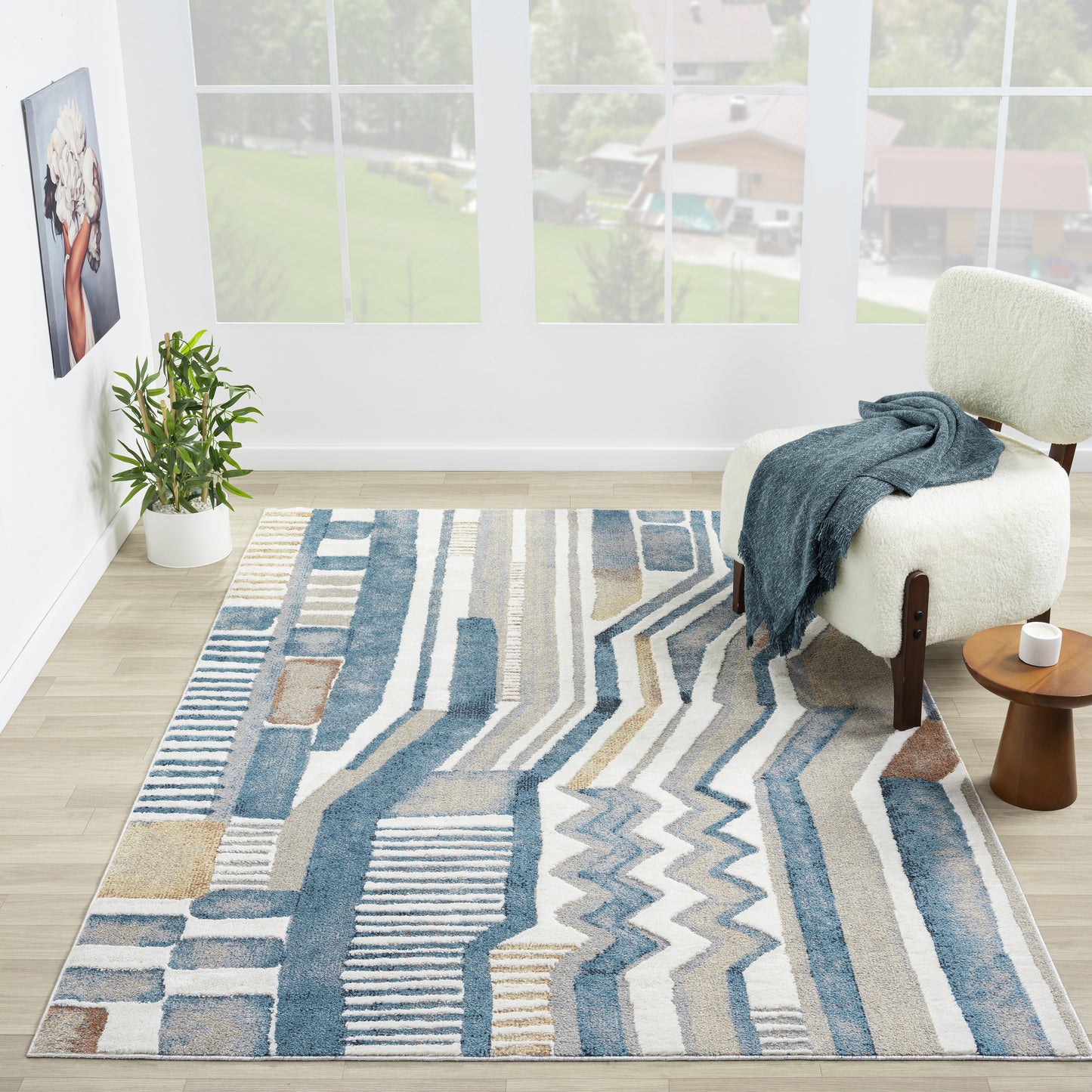 Vista-82644 Contemporary Power-Loomed Blue/Beige Jute Indoor Area Rug - LR Home
