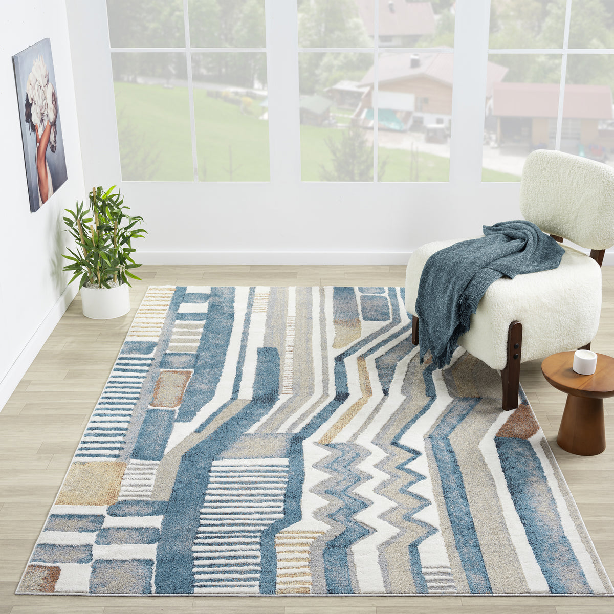 Blue/Beige Modern Abstract Performance Washable Indoor Area Rug - lifestyle view