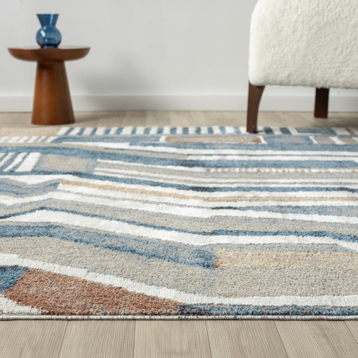 Blue/Beige Modern Abstract Performance Washable Indoor Area Rug - side angle view