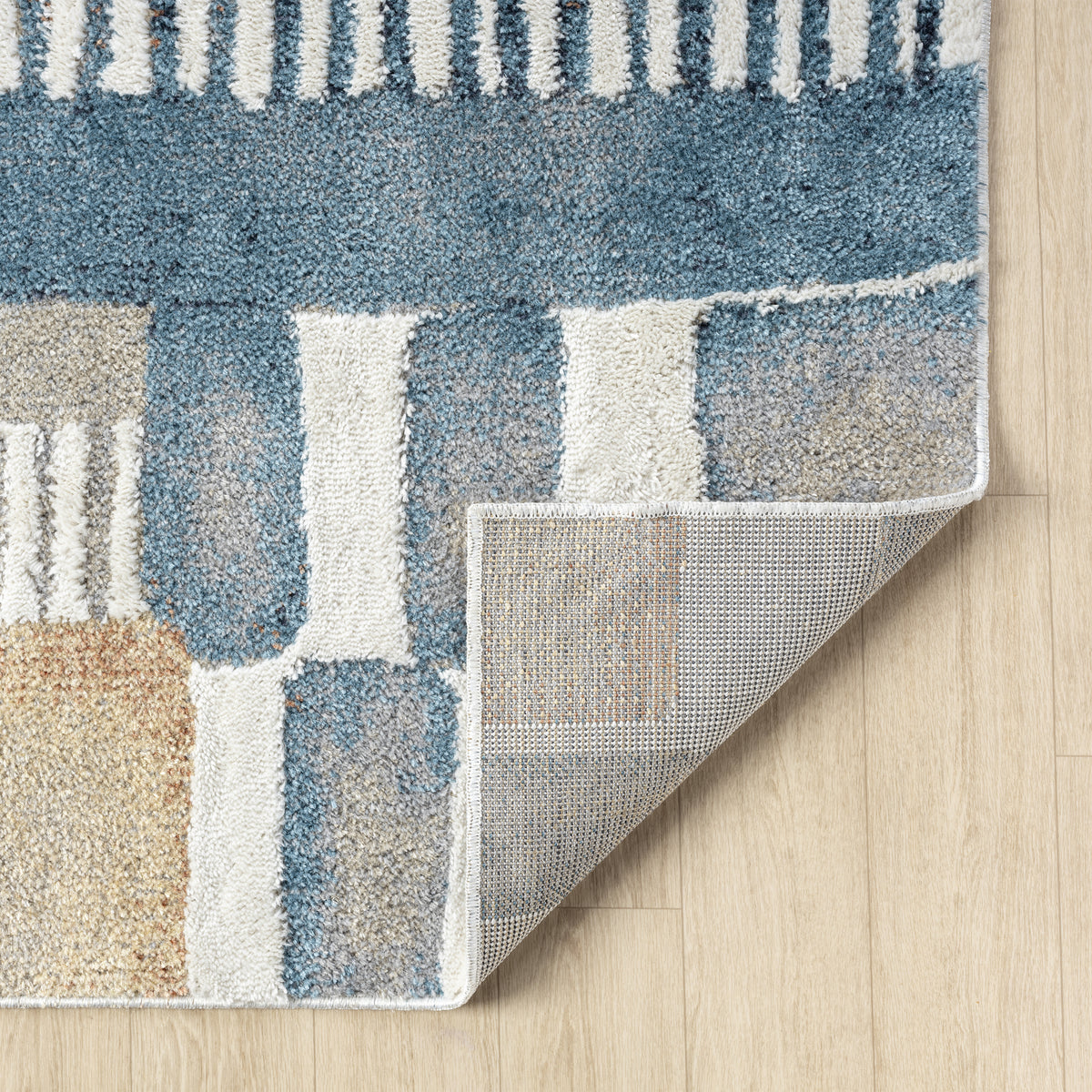 Blue/Beige Modern Abstract Performance Washable Indoor Area Rug - back view