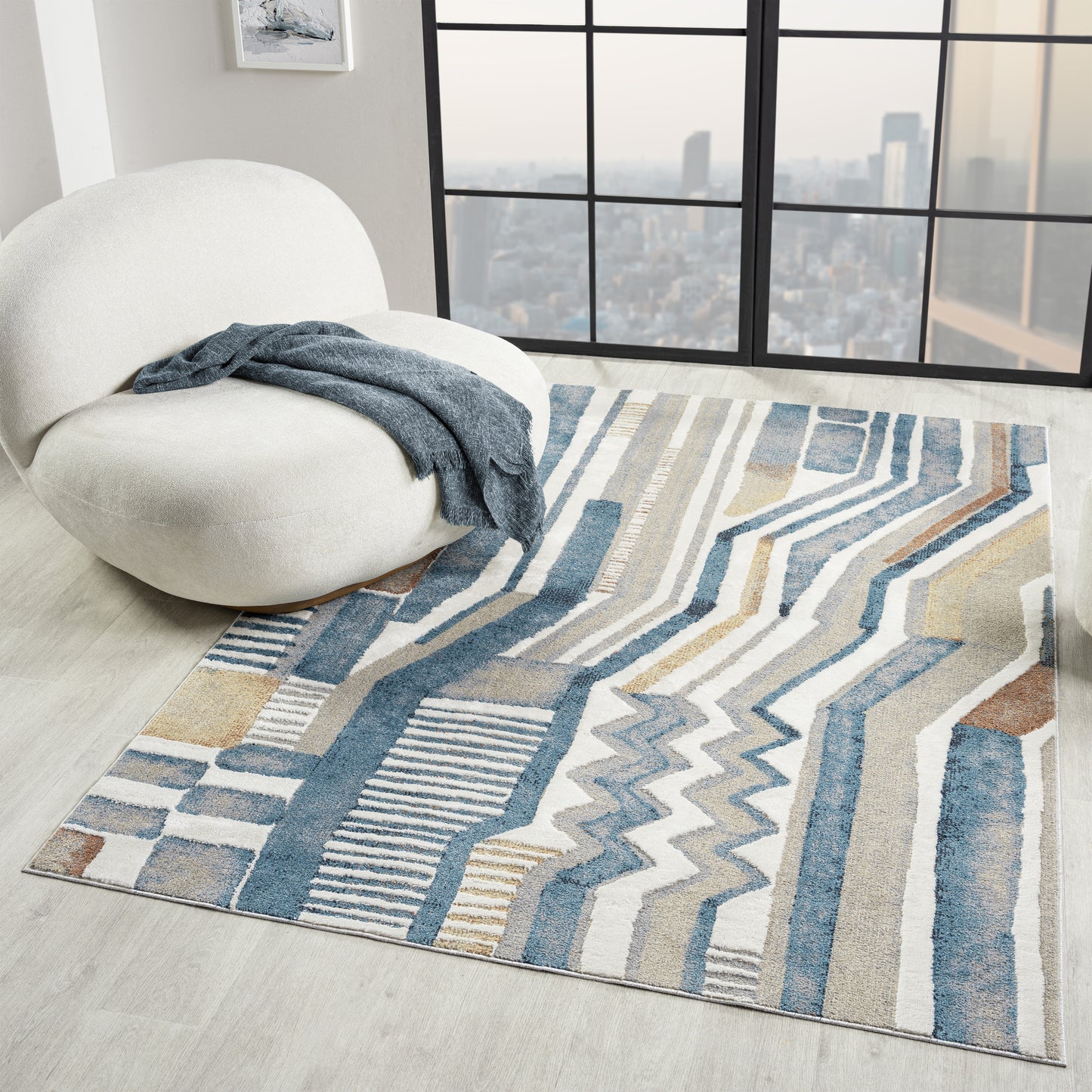 Vista-82644 Contemporary Power-Loomed Blue/Beige Jute Indoor Area Rug - LR Home