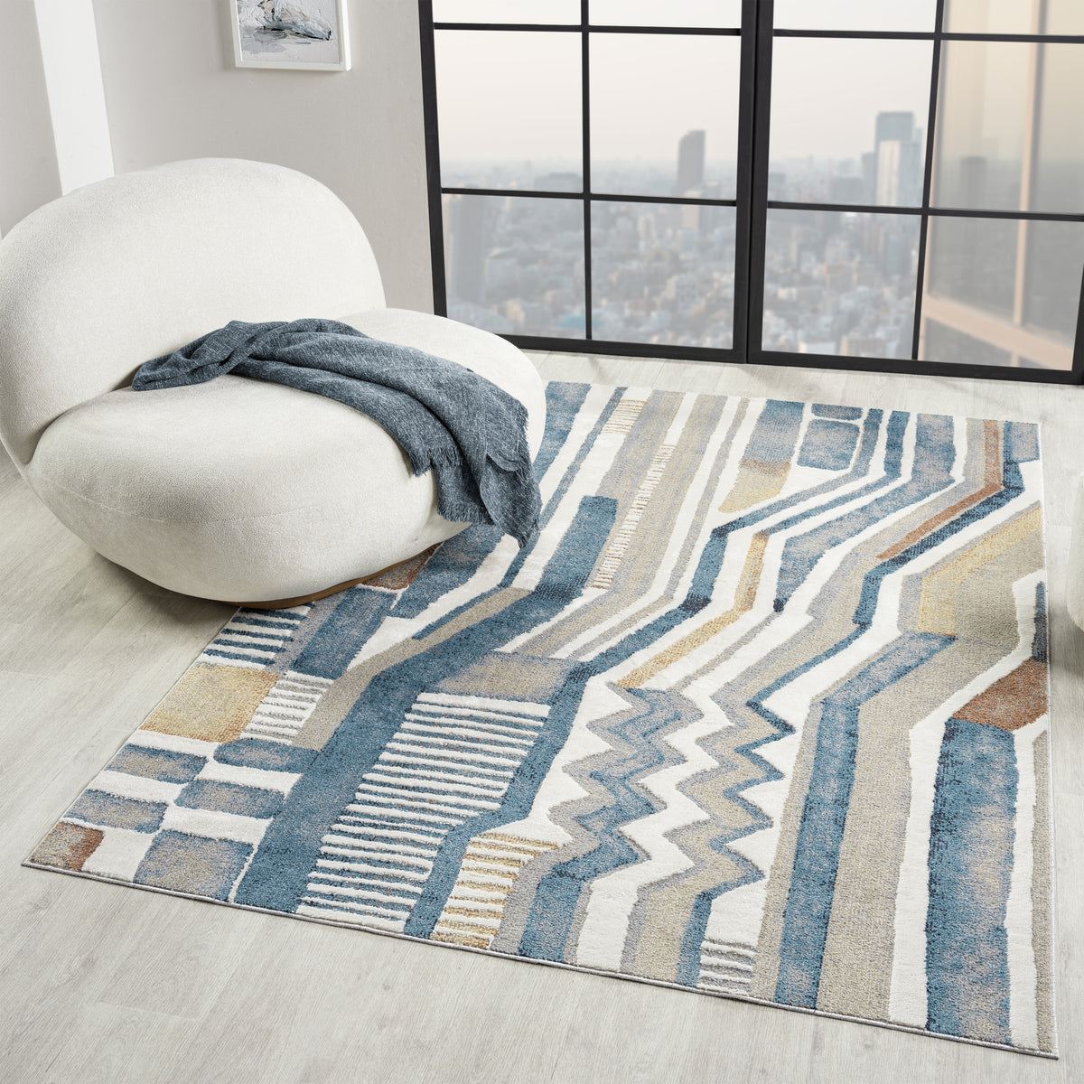 Blue/Beige Modern Abstract Performance Washable Indoor Area Rug - lifestyle view 2