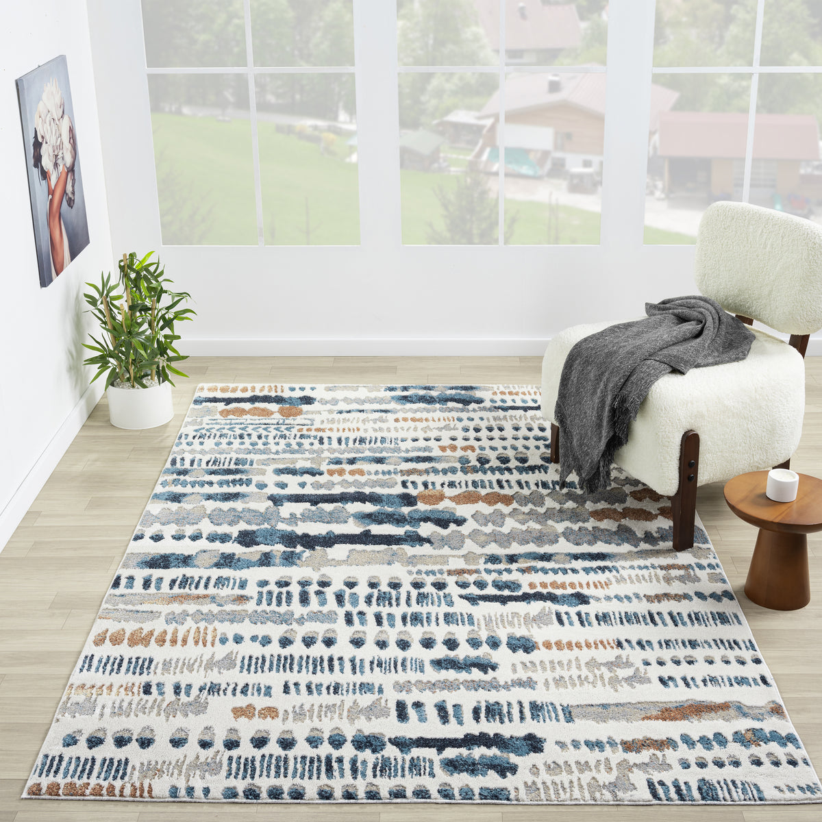 Blue/Gray Modern Abstract Performance Washable Indoor Area Rug - lifestyle view