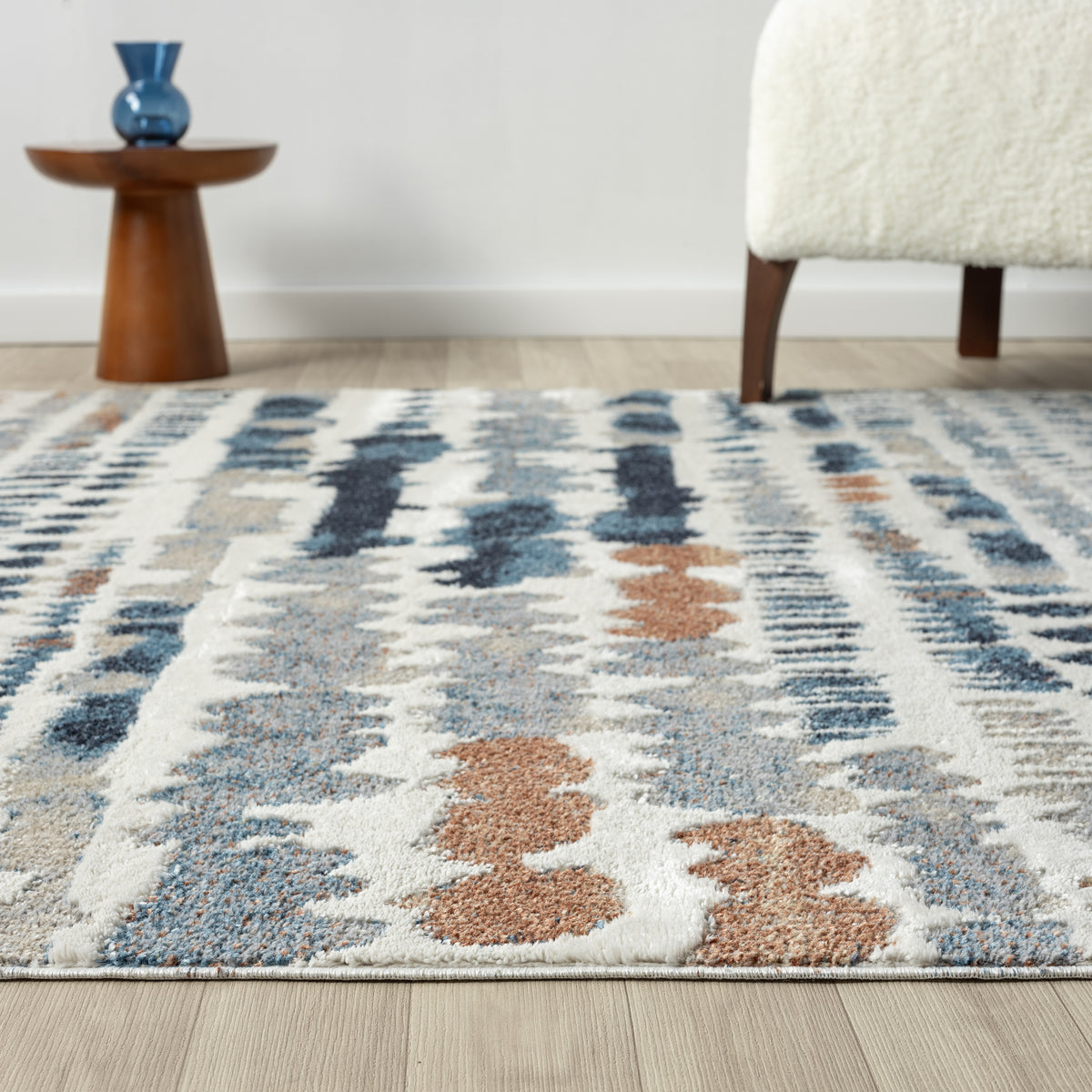 Blue/Gray Modern Abstract Performance Washable Indoor Area Rug - side angle view