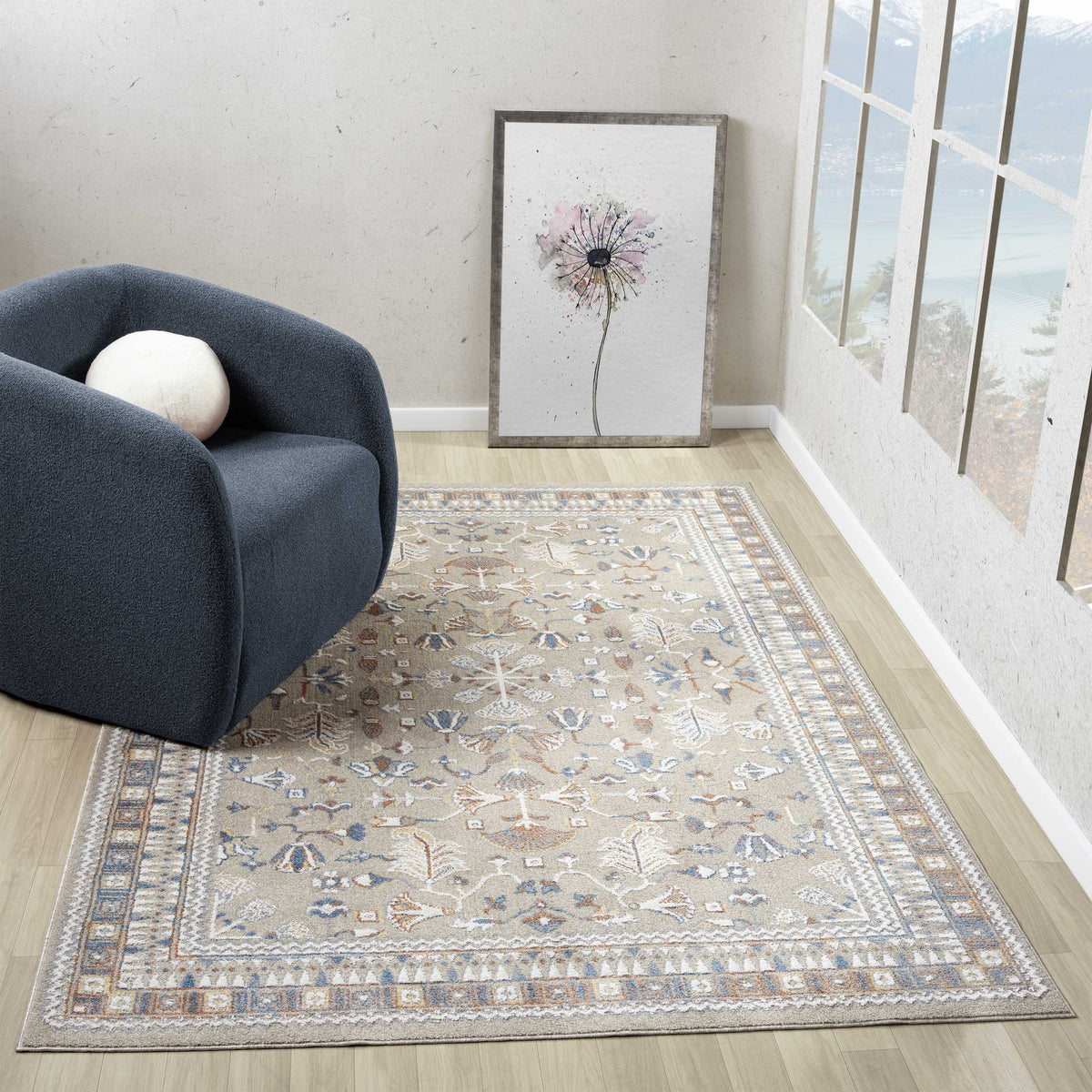 Beige/Rust Modern Geometric Performance Washable Indoor Area Rug - lifestyle view