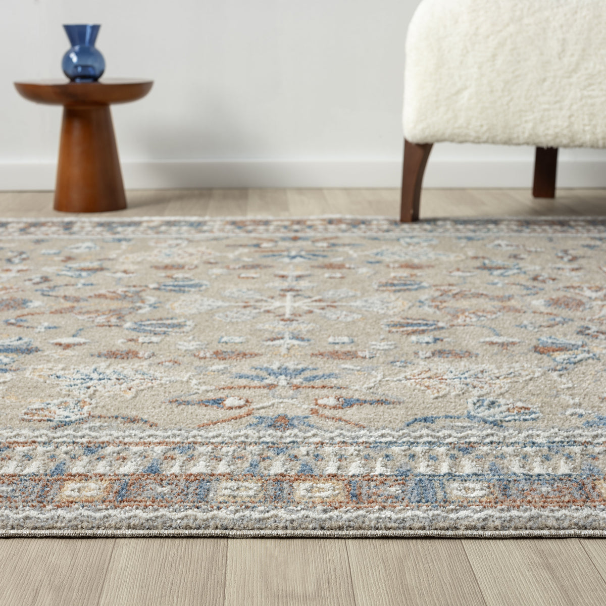 Beige/Rust Modern Geometric Performance Washable Indoor Area Rug - side angle view