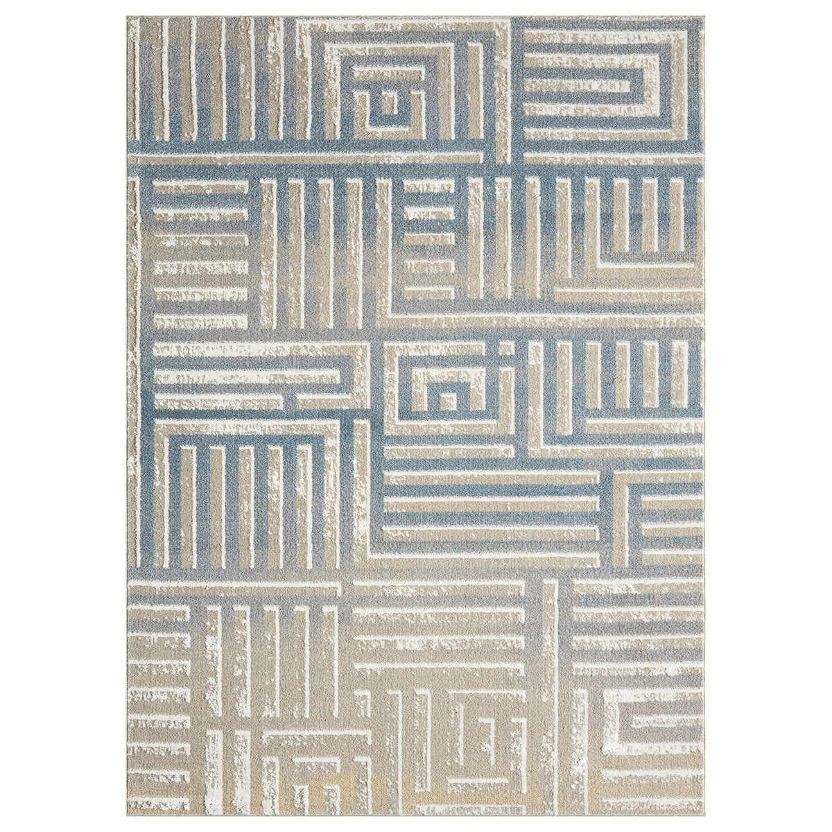 Beige/Blue Modern Geometric Performance Washable Indoor Area Rug - Silo view