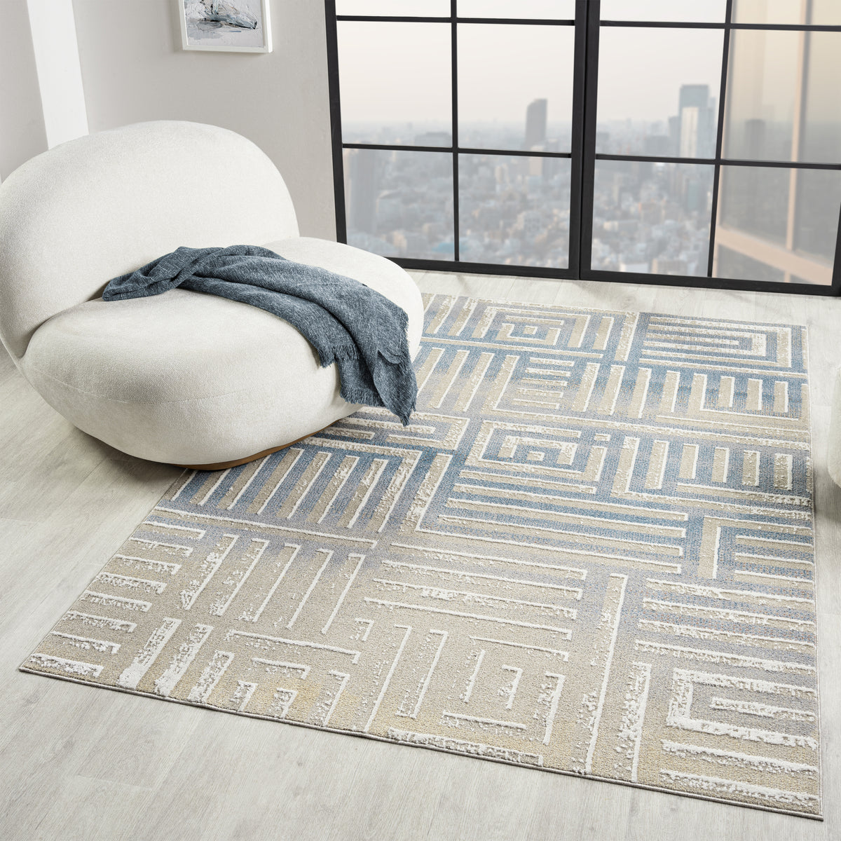 Beige/Blue Modern Geometric Performance Washable Indoor Area Rug - lifestyle view