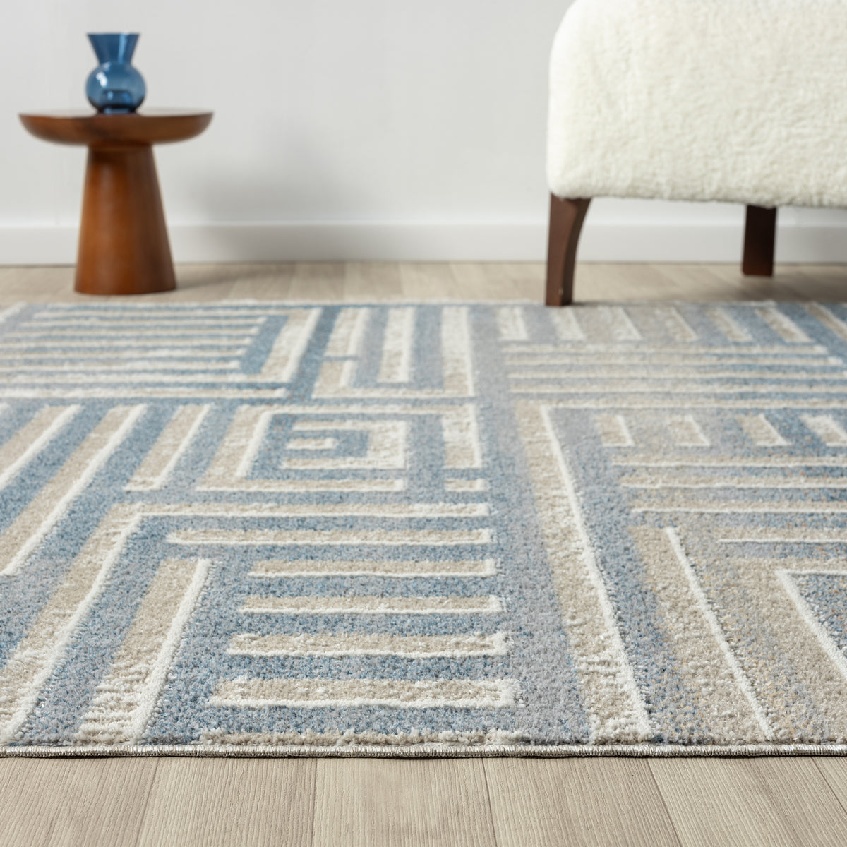 Beige/Blue Modern Geometric Performance Washable Indoor Area Rug - side angle view