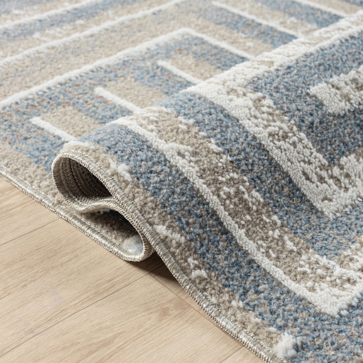 Beige/Blue Modern Geometric Performance Washable Indoor Area Rug - close-up detail