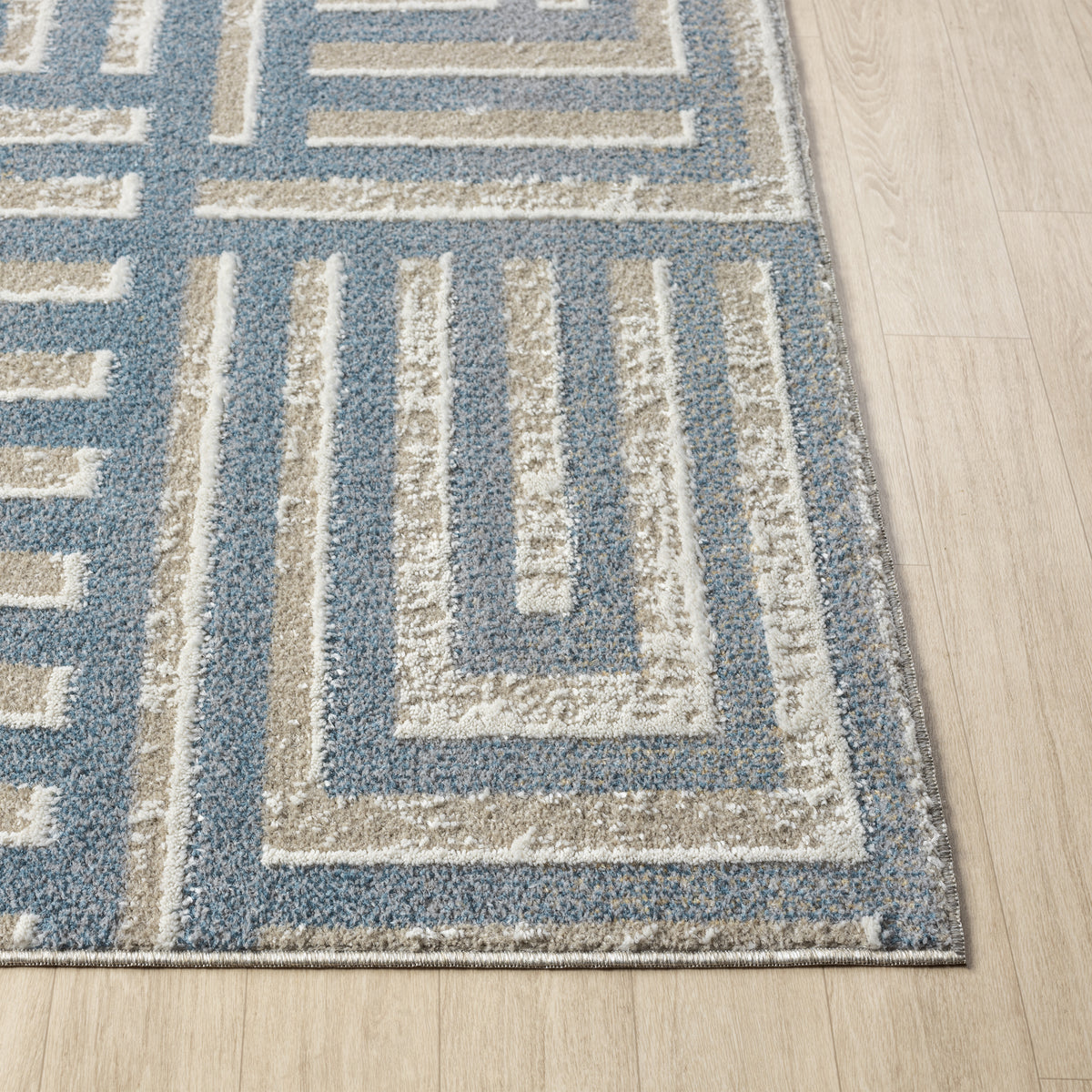 Beige/Blue Modern Geometric Performance Washable Indoor Area Rug - corner view