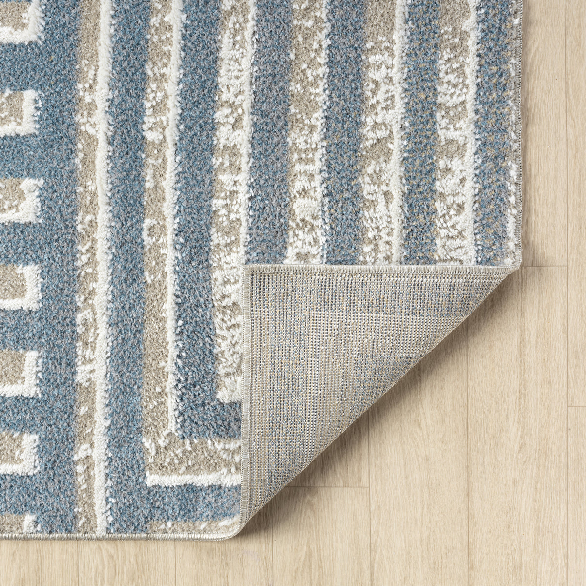 Beige/Blue Modern Geometric Performance Washable Indoor Area Rug - back view