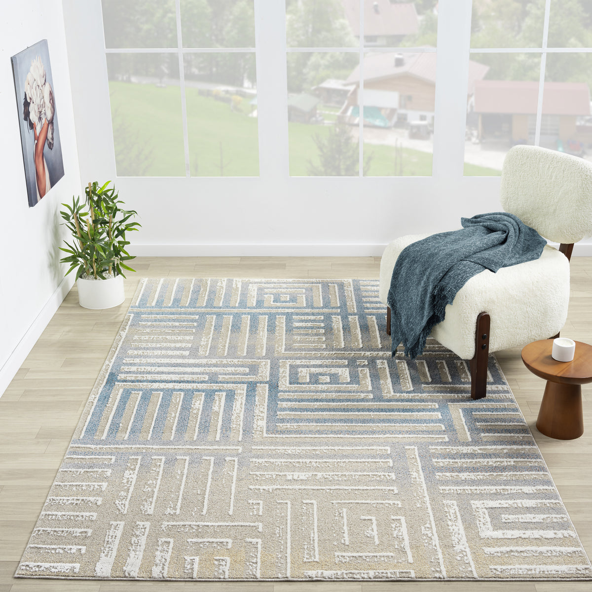 Beige/Blue Modern Geometric Performance Washable Indoor Area Rug - lifestyle view 2