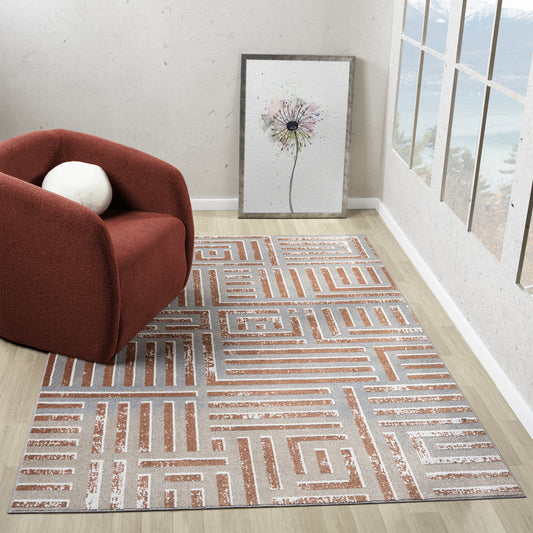 Vista-82649 Contemporary Power-Loomed Beige/Rust Jute Indoor Area Rug - LR Home