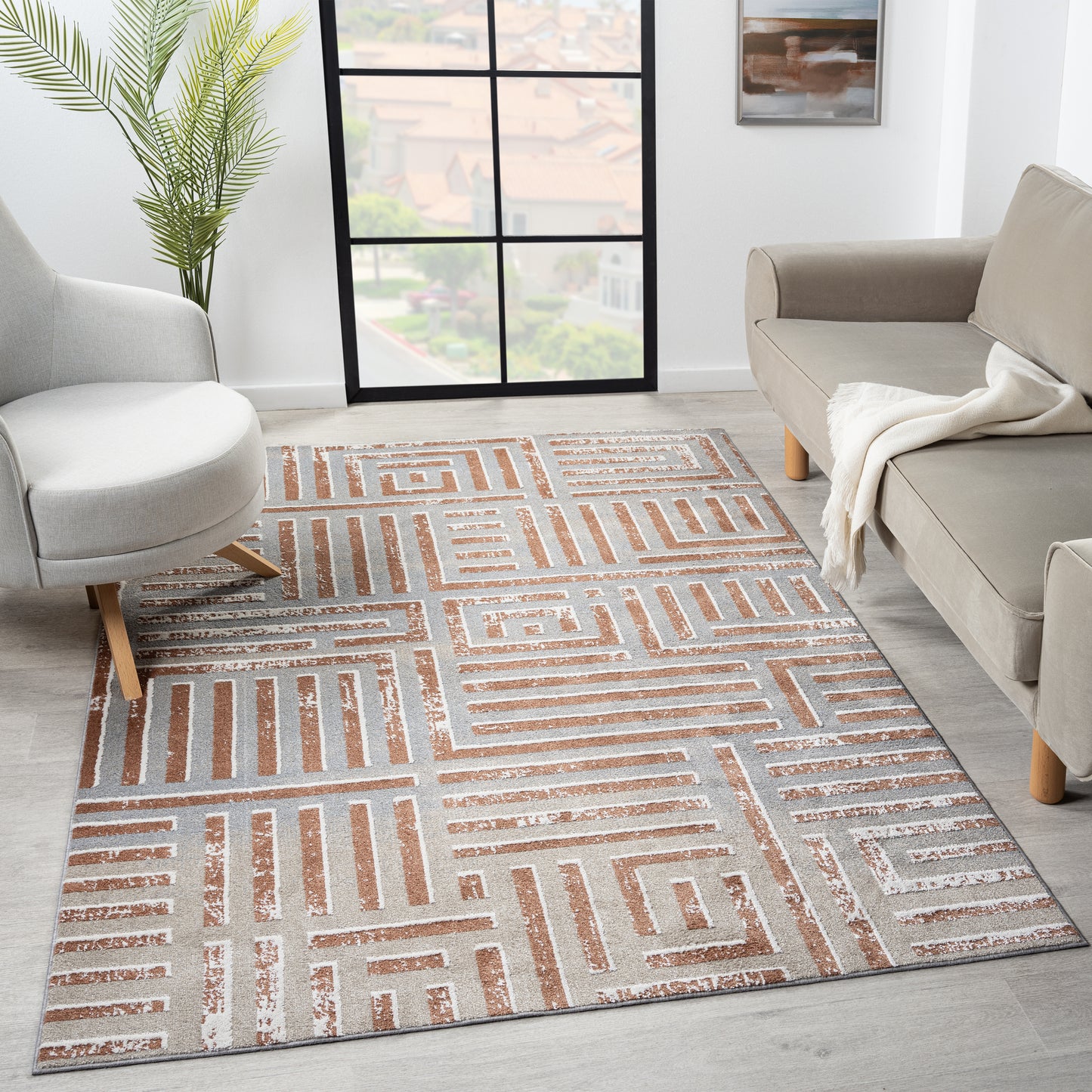 VISTA-82648 Modern/Contemporary Machine Made Beige/Rust Polyester Indoor Area Rugs - LR Home