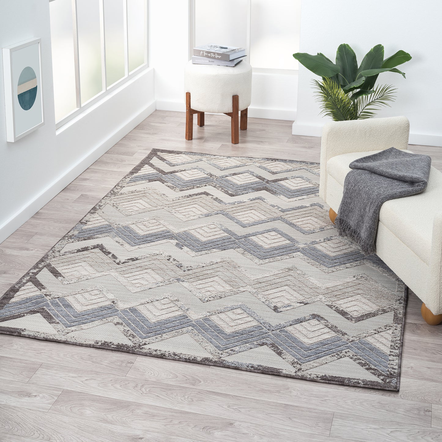 Westport-82292 Southwestern Power-Loomed Light Blue/Ivory Polypropylene Indoor/Outdoor Area Rug - LR Home