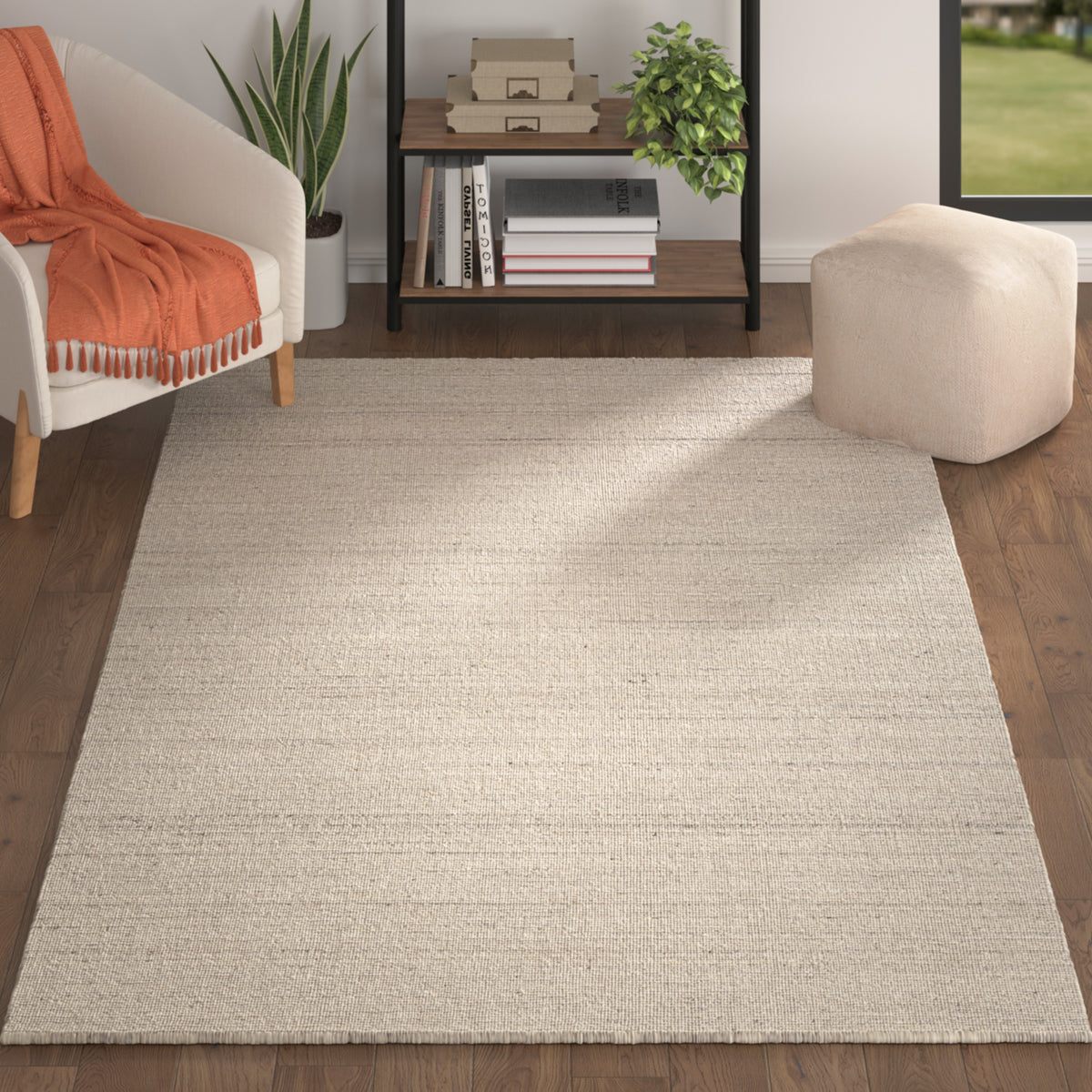 Ivory Modern Solid Handwoven Wool/Cotton Indoor Area Rug - lifestyle view