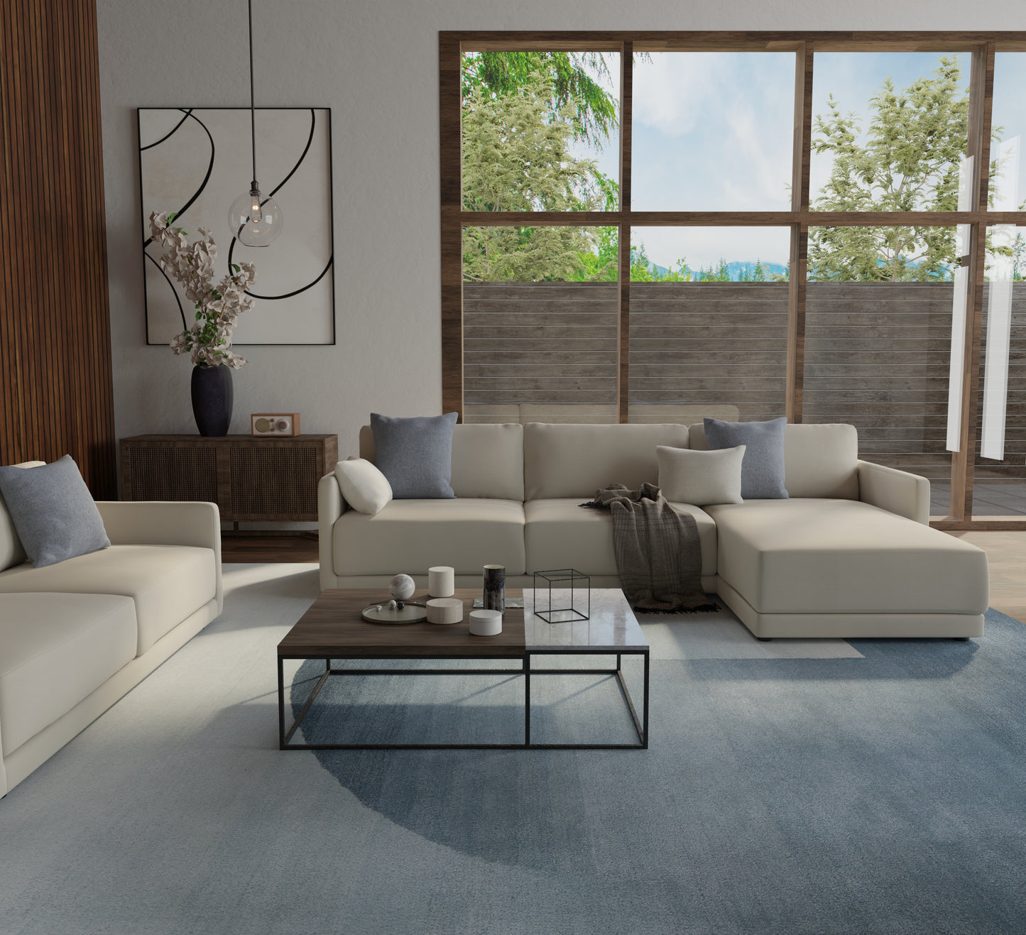 Katya Modern/Mid-Century Modern/Casual Blue/White Accent Rug